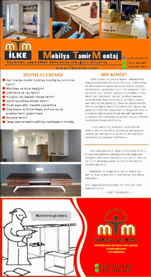 bahçeşehir bölgesi marangoz mobilya montaj kurulum ve tamir bakım servisi. ilkemtm 0212 648 4661- 0532 565 8307 Bahçeşehir Her Marka Mobilya Montaj Kurulum ve Tamir Bakımı, Ankastre Mutfak Gereçleri Montajı Mutfak Dolabı Tamiri, Montajı Mobilya Menteşe Kulp Değişimi Çekmece Ray Değişimi Raylı Dolap Tamiri, Bakımı Şifonyer Çekmece Ray Değişimi Gardrop Tamiri, Bakımı Oda Kapısı Kol, Kilit, Sürtme vb. Problemlerinin Giderilmesi Karyola Tamiri, Bakımı Hem ev hem de ofis mobilyaları için tüm İstanbul genelinde kapsamlı olarak mobilya montaj kurulum ve tamir bakım hizmeti veriyoruz. Eviniz veya Ofisiniz İçin Yerinde Mobilya Montaj ve Tamir Bakımı Talep Üzerine Teslim Edilmiş Mobilyaların Montajı Bize ulaştığınızda ön talep ve bilgilerinizi alıyoruz. En kısa süre içerisinde mobilyalarınızın bulunduğu yere (ev/işyeri) gelip servis hizmetimizi sunuyoruz. Zorunlu bir durum olmadıkça bakım ve onarım hizmetlerini yerinde sağlıyoruz. Mobilyalarınız la ilgili sorunlarınızı kısaca bize iletin en kısa sürede çözüm üretmek için size dönüş sağlayalım. Not: Yapamadığımız İşlerden Her Hangi Bir Ücret Talep Etmiyoruz. Keşif Ücretsizdir