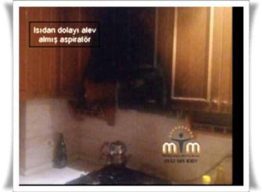 Isıdan dolayı alev almış aspiratör Ara mesafesi 65 santimetreden daha düşük olursa aspiratörün ocaktaki alevi içine çekme ihtimali vardır. Çalışan fan alevi emebilir ve yangın çıkmasına neden olur.